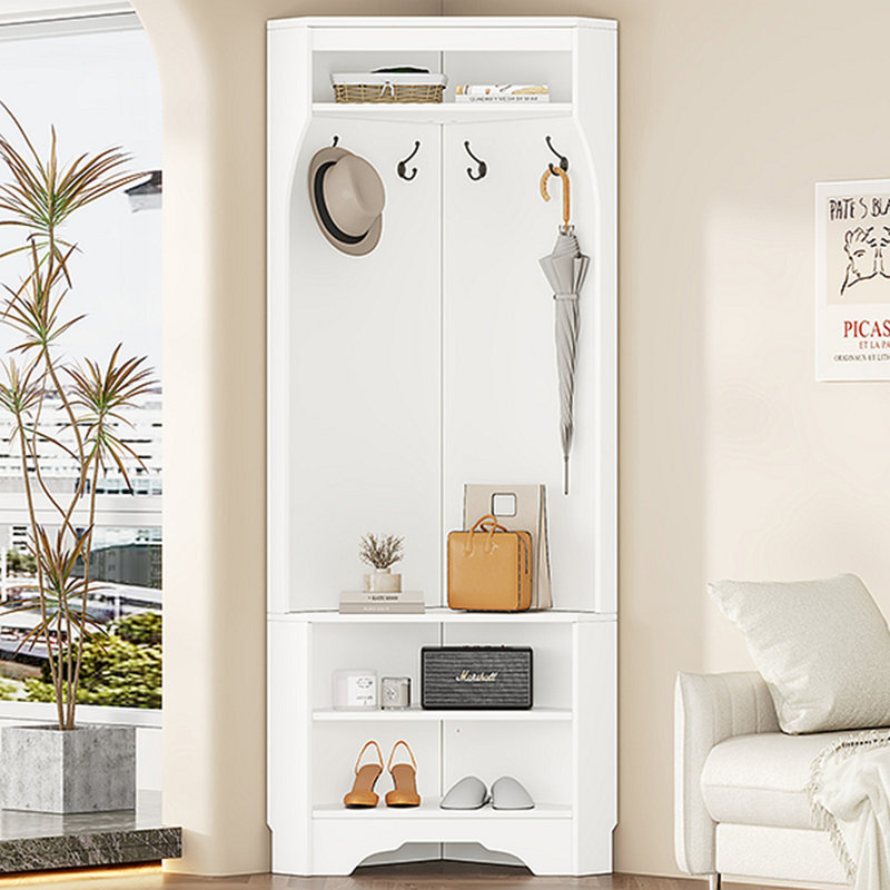 Canora Grey Minimalist Corner Hall Tree With Shoe Bench Versatile Entryway Coat Rack With 4 Hooks Corner Cabinet With Adjustable Shelf Finish White